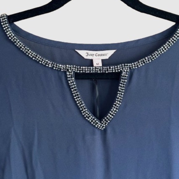 JUICY COUTURE Blue Bell Sleeve Rhinestone Asymmetric Shark-Bite Hem Top Medium - Picture 4 of 7
